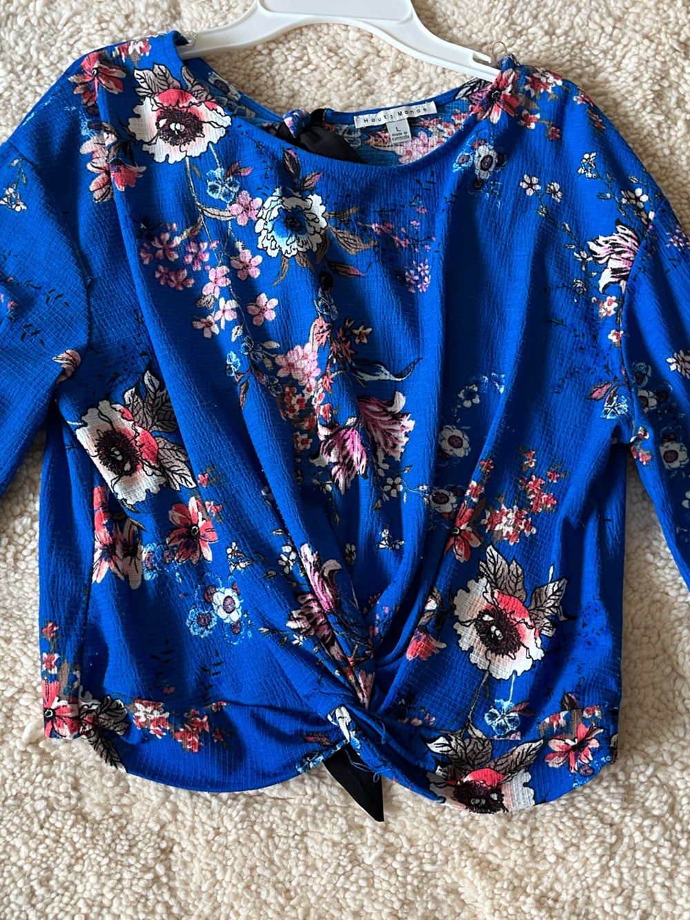Haute Monde Royal Blue Floral Tie-Front Blouse Twisted Front At Waist Bow Back L